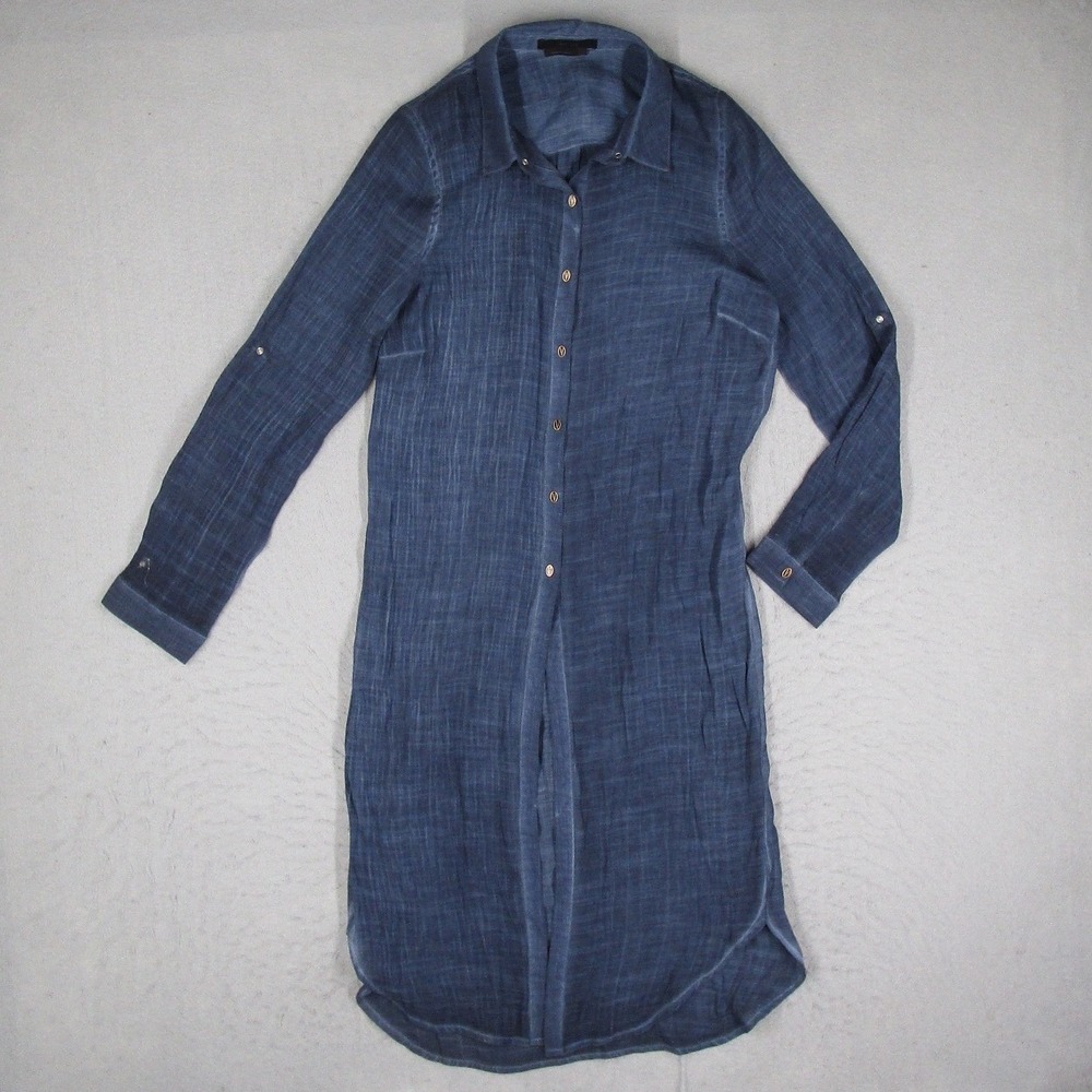 Vertigo Womens Blue Textured Longline Button Down Shirt Dress Roll Tab Sleeve S